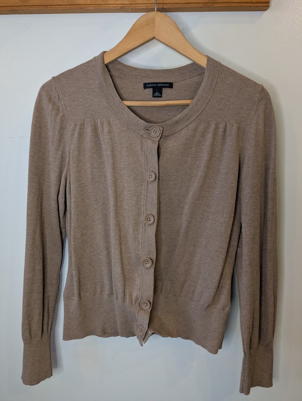 Banana Republic Taupe Brown Cotton Crew Neck Cardigan Large Preppy Vintage Y2K
